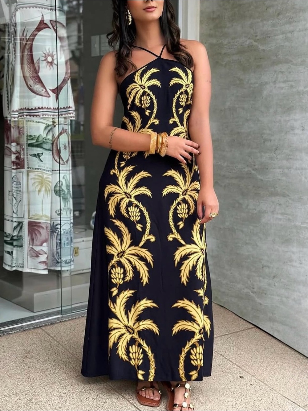 FARM Rio Black Maxi Dress with Gold Palm Motif Size M
